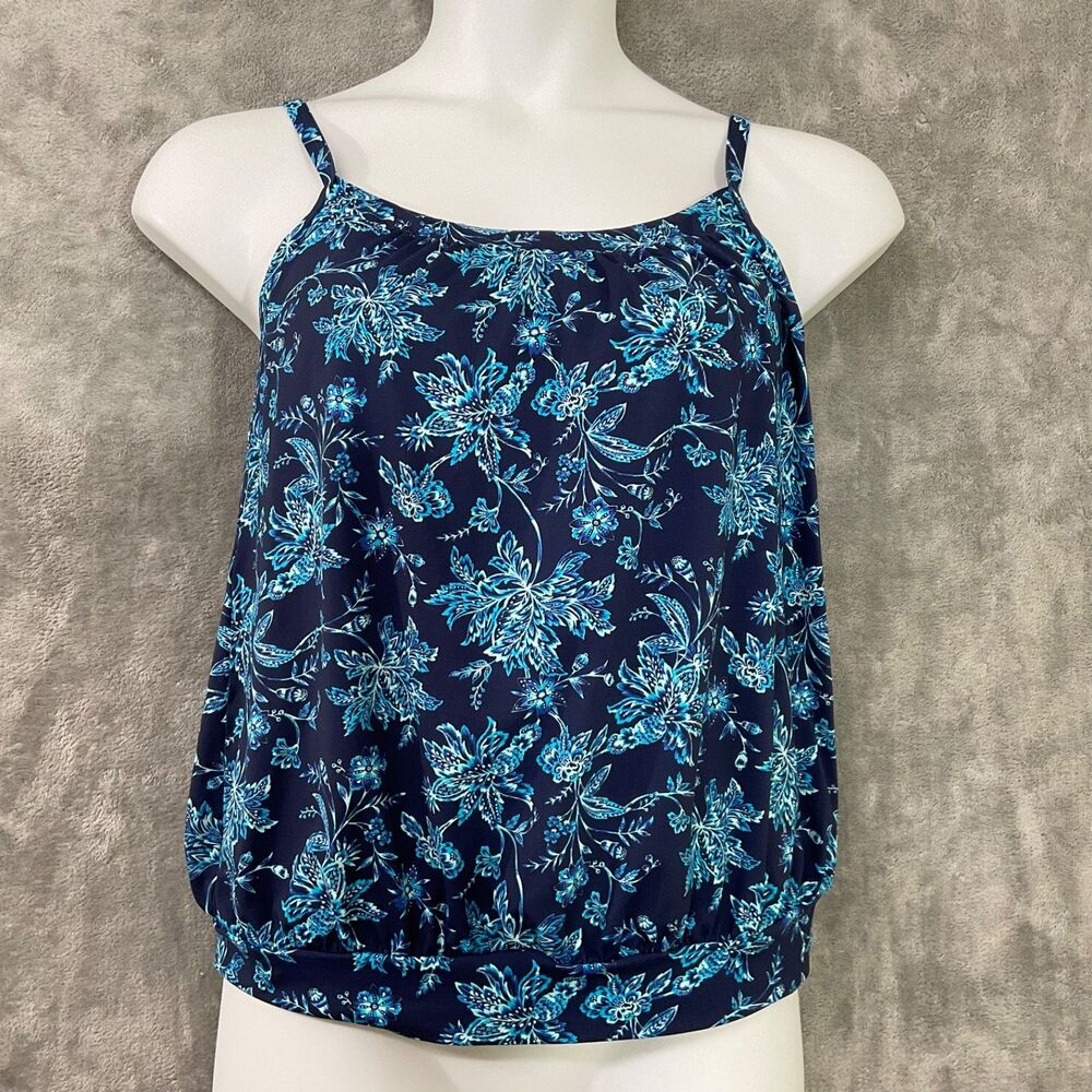 Lands' End 10 Blue Floral 10 Blouson Tankini Swimsuit Top Soft Cup built in Bra